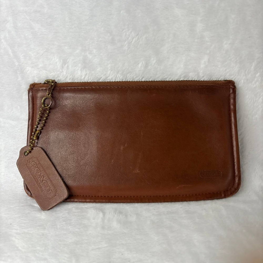 Vintage COACH Skinny Pouch Brown Leather Zip Top Brass Hardware Hangtag 7.5"